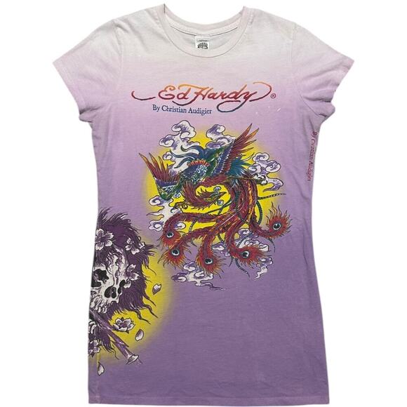 Ed Hardy Y2K Peacock Grateful Dead Skull Graphic Ombré Top - Picture 1 of 6